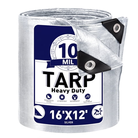 Tarps Heavy Duty Waterproof 16 x 12, 10 Mil Large Canvas Tarp for all weather, Multipurpose Protective Cover with Reinforced Edges for Pool, Camping, Boats, RV, Pool (Silver