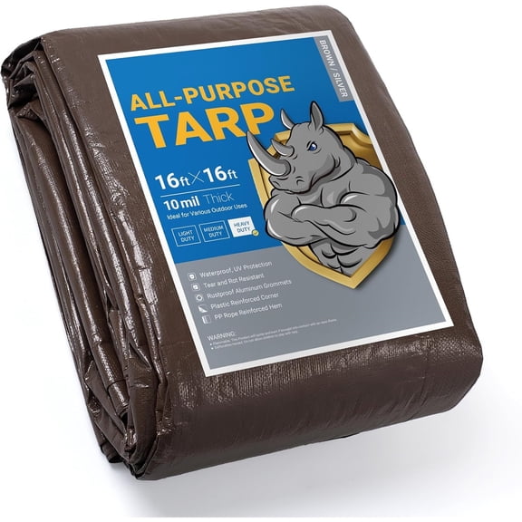 Tarps Heavy Duty Waterproof 16x16 Feet Brown/Bright Silver Poly Tarp Cover Square Outdoor Thick UV Resistant Tarpaulin with Grommets 10mil