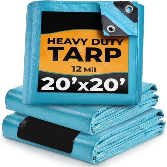 Tarps Heavy Duty Waterproof 20x20-12 mil Thick Camping Tent - Blue Tarp 20x20 UV Resistant, Rip & Tear Proof with Metal Grommets Multipurpose Use for Camping, Tent, Boat, RV, Car, & Pool Cover