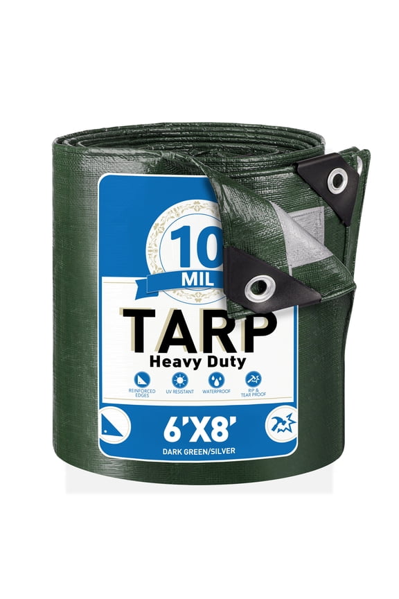 Tarps Heavy Duty Waterproof 6’ x 8’, 10 Mil Large Canvas Tarp for all weather, Multipurpose Protective Cover with Reinforced Edges for Pool, Camping, Boats, RV, Pool, Green/Silver Tarpaulin