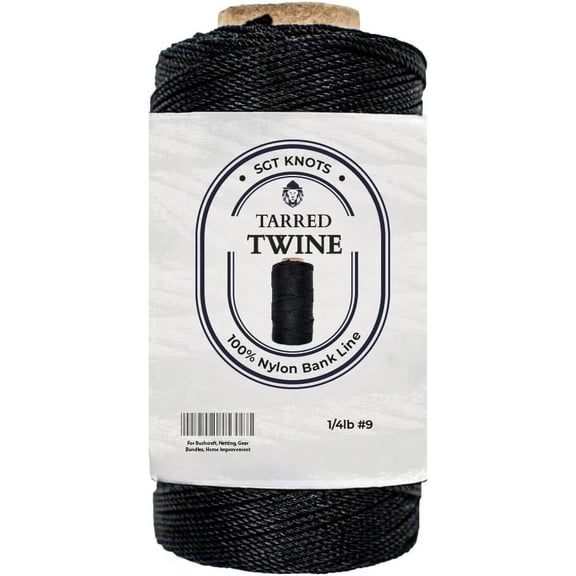 Tarred Twine Cord for Bushcraft, Nylon Bank Line - #9-1/4 lb | Weatherproof Lacing Twisted Cord for Netting, Gear Securing, Camping, Survival, Outdoor Repairs, And Emergency Applications