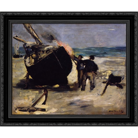 Tarring the Boat 24x20 Black Ornate Wood Framed Canvas Art by Manet, Edouard