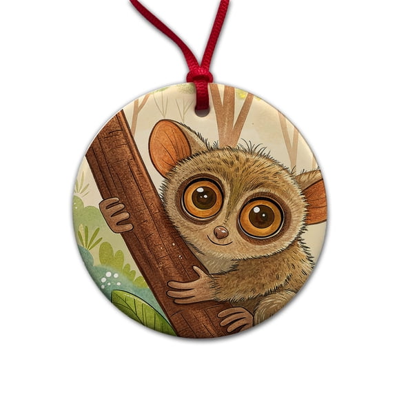 Tarsier Children's Illustration Style Christmas Tree Holiday Round Ceramic Ornament