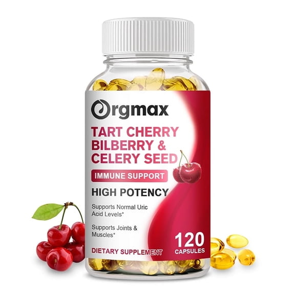 Tart Cherry Bilberry & Celery Seed Capsules - 2 in 1 Complex Natural Uric Acid Cleanse - Support & Joint Health - 120Ct