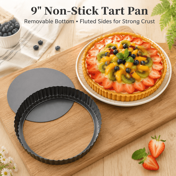 PLERISE 9 Inch Tart Pan, Non-Stick Removable Loose Bottom Carbon Steel Pan, 9.5 Inch Top Diameter and 9 Inch Bottom, Depth 1.1 Inch