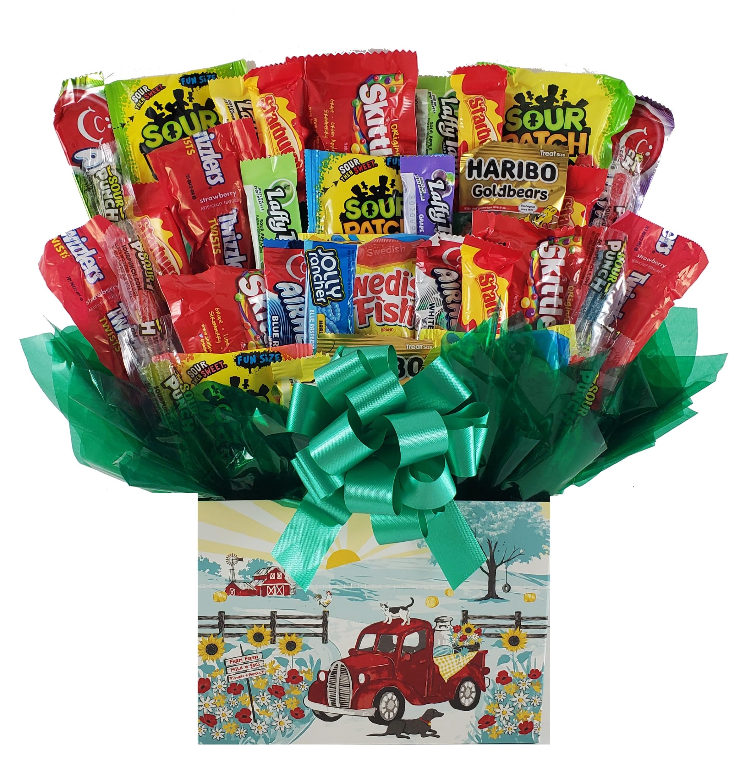 Tart and Sour candy bouquet gift basket box (Farm Red Truck)