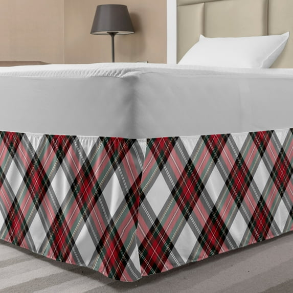 Tartan Bed Skirt, Traditional Plaid with Diagonal Lines and Rhombuses Scottish Culture Inspirations, Elastic Bedskirt Dust Ruffle Wrap Around for Bedding Decor, 4 Sizes, Multicolor, by Ambesonne