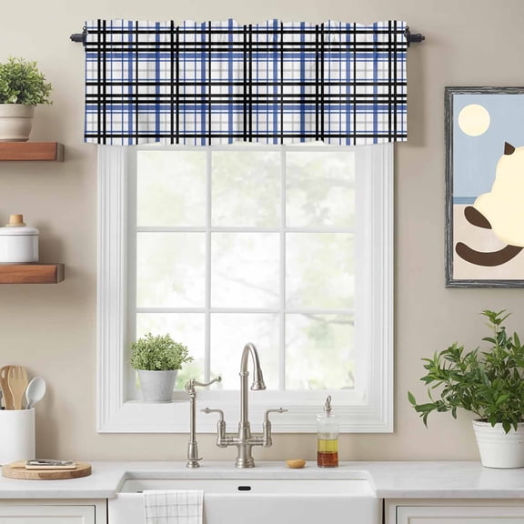 Tartan Black Blue Farmhouse Vintage Plaid Valances for Windows,Kitchen Valance Rod Pocket Short Curtain, Geometric Line Art Valance Curtain Window Valances for Bedroom Bathroom Living Room 54x18in