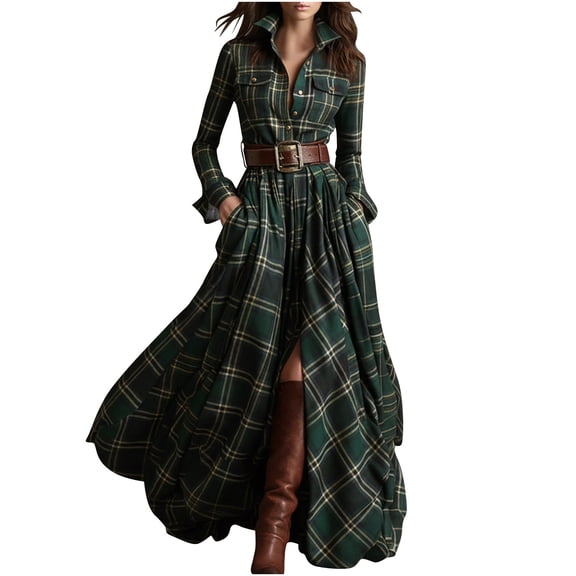 Tartan Dresses for Women Vintage Plaid Long Maxi Dress with Belt & Pockets Long Sleeve Button Front Shirt Dress V Neck Formal Skirts Fall Wear Pastoral Style Skirts