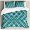 thumbnail image 1 of Tartan Duvet Cover Set, Abstract Checkered Pattern in Monotone and Diagonal Design Retro Fashion Motif, Decorative 3 Piece Bedding Set with 2 Pillow Shams, King Size, Teal and White, by Ambesonne, 1 of 3