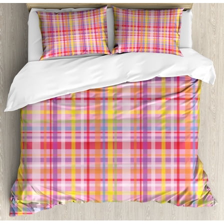 Tartan Duvet Cover Set Queen Size, Checkered Plaid Stripes in Pastel Tones Girly 90s Retro Pop Art Fashion Graphic, Decorative 3 Piece Bedding Set with 2 Pillow Shams, Multicolor, by Ambesonne