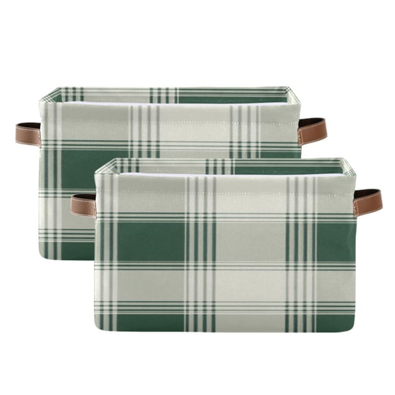 Tartan Fabric Green Plaids Square Storage Bins with Handles Collapsible Containing Box 2 Packs