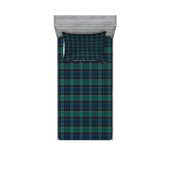 Tartan Fitted Sheet & Pillow Sham Set, Traditional Quilt Design Scottish Folklore Elements Plaid Pattern, Decorative Printed 4 Piece Bedding Decor Set, Twin, Dark Green Black, by Ambesonne