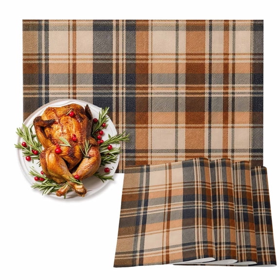 Tartan Grid Cotton Linen Placemats Set of 1, Brown Orange Black Gingham Checkered Linen Texture Washable Table Place Mats Heat Insulating Placemat for Dining Room Kitchen Daily Use 13 x 19 Inch