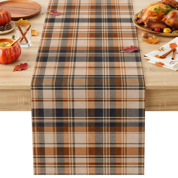 Tartan Grid Table Runner 13x48 Inch Brown Orange Black Gingham Checkered Linen Texture Table Runner Non-Slip Dresser Scarves for Holiday Decorations, Autumn Party, Dinner and Gatherings, 1 Pack
