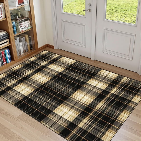 Tartan Plaid Area Rug, Gold Brown Herringbone Pattern Carpet, Washable Non Slip Low Pile Soft Thin, Living Room Bedroom Bathroom Home Decor Mat 4x5ft