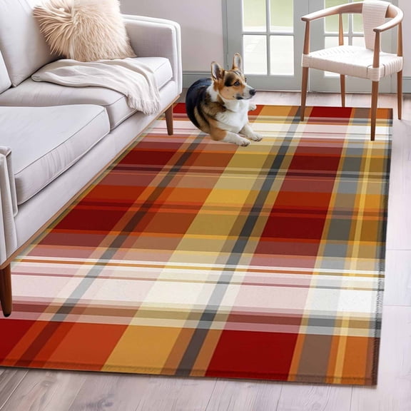 Tartan Plaid Area Rugs 4'x6', Washable Small Throw Rugs for Office Bathroom, Orange Red Autumn Gingham Vintage Check Indoor Outdoor Rug Non-Slip Low Pile Carpet Runner Reversible Floor Mats