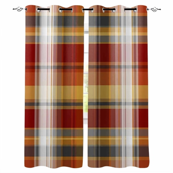 Tartan Plaid Blackout Curtains for Bedroom/Living Room, Thermal Insulated Kitchen Curtains, Orange Red Autumn Gingham Vintage Check Grommet Darkening Window Treatment Drapes 27.5"x39"x2