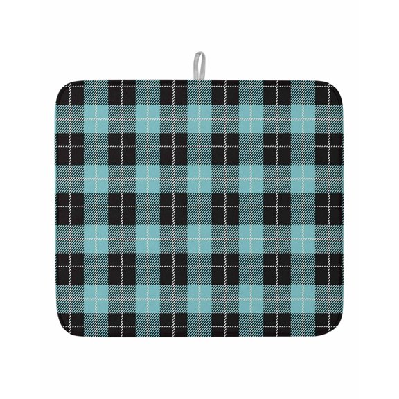 Tartan Plaid Buffalo Grid Pattern Dish Drying Mats for Kitchen Counter,Absorbent Microfiber Dish Drainer Rack Mat Teal and Black Drying Pad for Sinks,Utensils,Countertops,16x18in