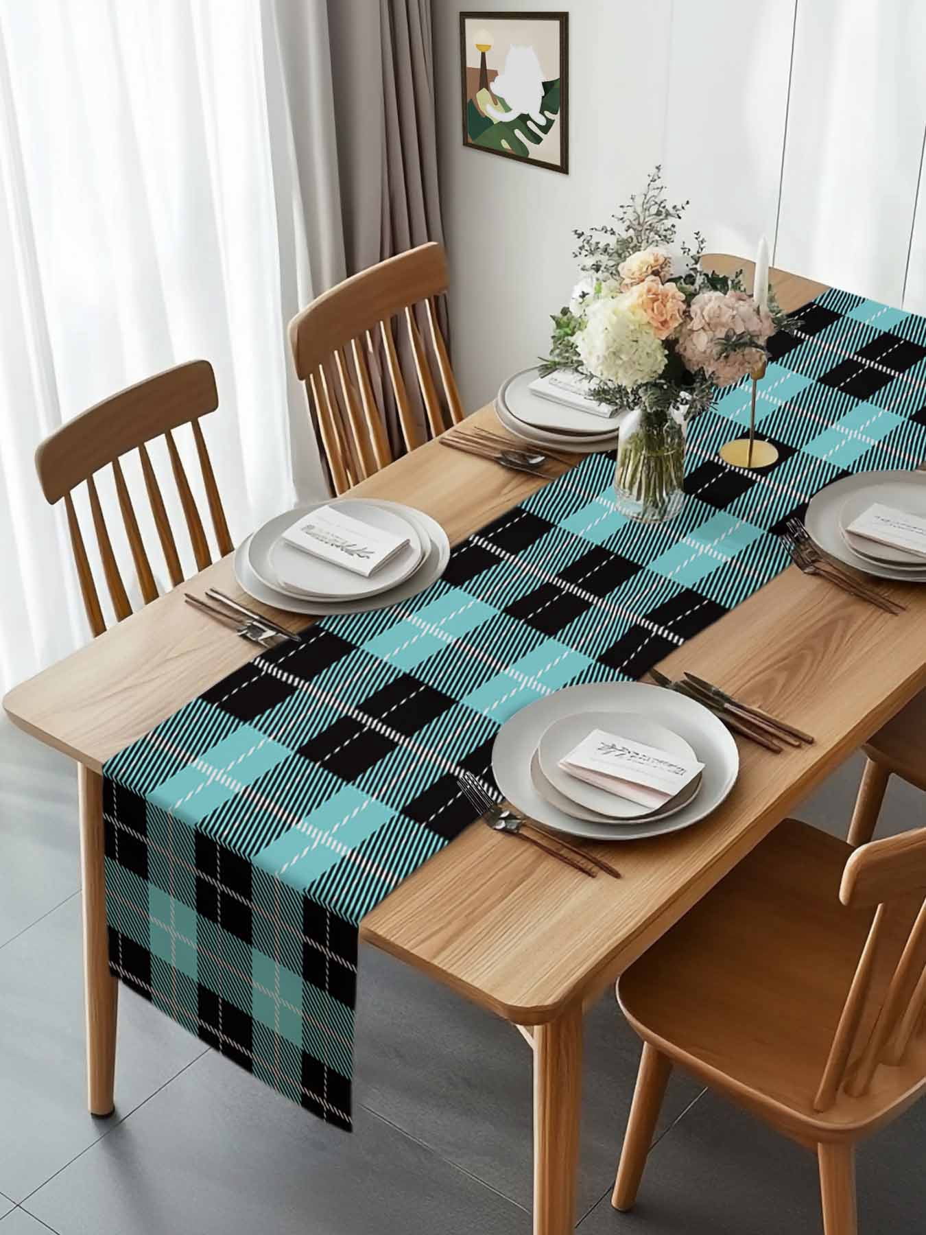 Tartan Plaid Buffalo Grid Pattern Table Runner 90 Inches Long, Teal and Black Table Runners Tabletop Scarf Kitchen Dining Tables Decoration for Home Party Indoor Outdoor