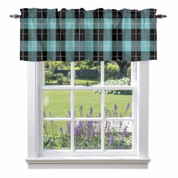 Tartan Plaid Buffalo Grid Pattern Valances for Windows,Kitchen Valance Rod Pocket Short Curtain, Teal and Black Valance Curtain Window Valances for Bedroom Bathroom Living Room 42x12in