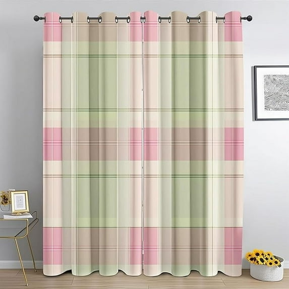Tartan Plaid Curtains For Living Room - Pink Green Checkered Blackout Curtains Sets For Bedroom, Farmhouse Thermal Insulated Room Darkening Window Drapes 26"W x 45"L (Pack of 2)