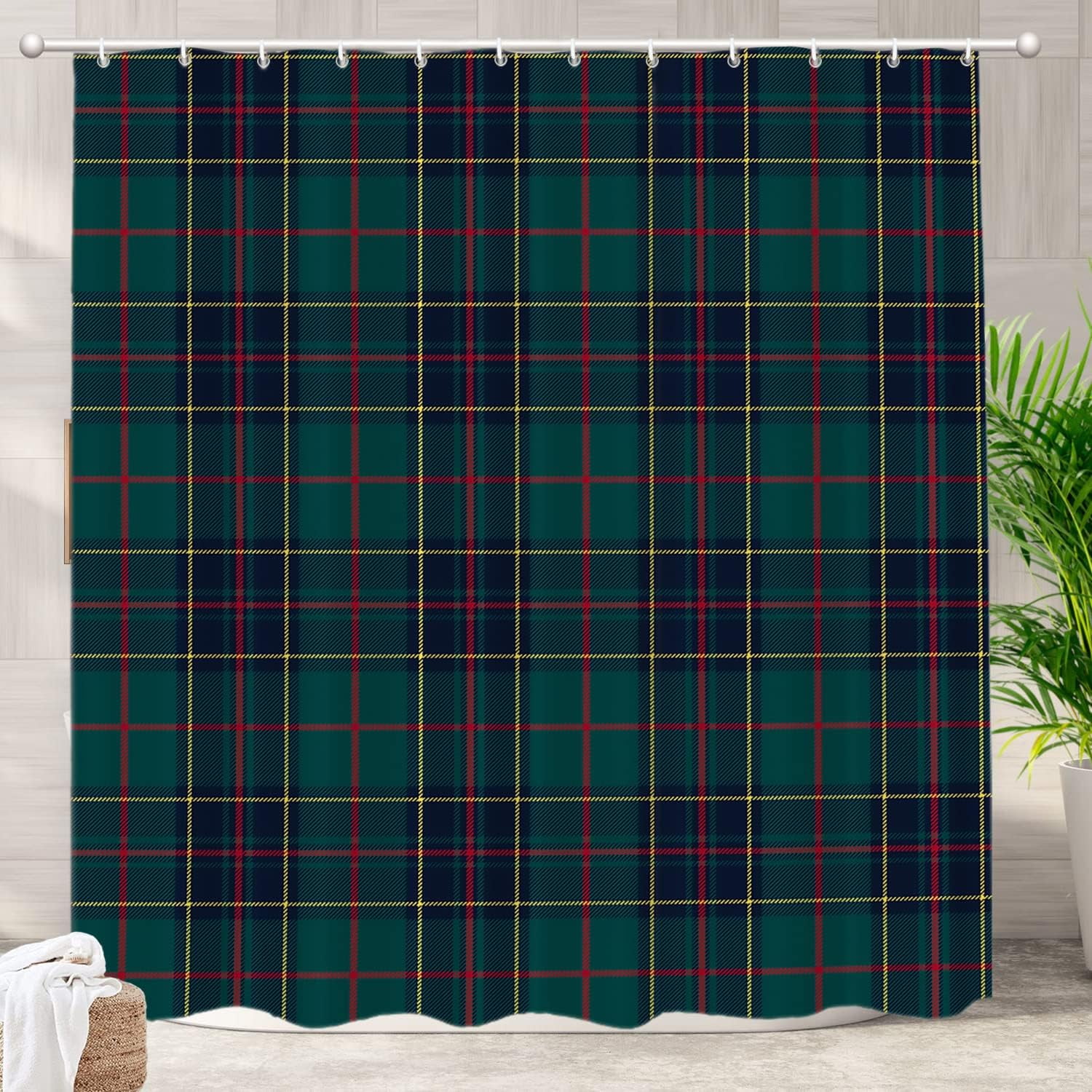Tartan Plaid Decorative Shower Curtain, Green Scottish Fabric Kilt Twill Woven Bathroom Décor Polyester Fiber Waterproof with Plastic Hooks for Shower Stall Bathtubs 72"W x 72"L (Pack of 1)