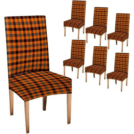 Tartan Plaid Dining Chair Slipcovers Removable Set of 6 Halloween Scottish Orange Black Gray and White Decorative Chair Covers for Office Kitchen Dining Room