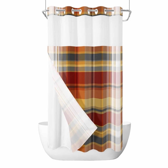 Tartan Plaid No Hook Shower Curtain with Snap in Liner, Waterproof Fabric Shower Curtains, Orange Red Autumn Gingham Vintage Check Shower Curtain Set Top See Through for Bathroom 36"x72"