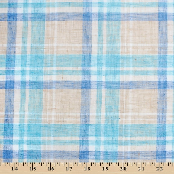 Tartan Plaid Linen-Look Polyester Cotton 58" Fabric By The Yard - Tan, White, Light Blue