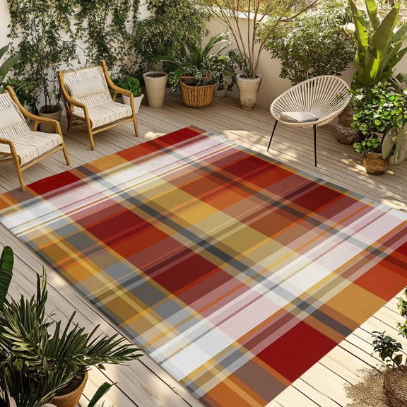 Tartan Plaid Outdoor Rug for Patio/Deck/Porch, Non-Slip Large Area Rug 4 x 6 Ft, Orange Red Autumn Gingham Vintage Check Indoor Outdoor Rugs Washable Area Rugs, Reversible Camping Rug Carpet Runner