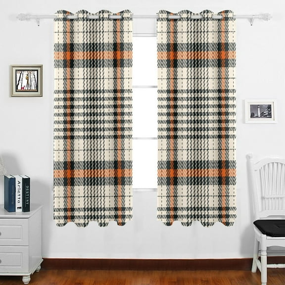 Tartan Plaid Pattern in Black Orange Beige Grommet Blackout Curtains Thermal Insulated Window Curtain Sets for Bedroom Living Room 63"x55" 2 Panels