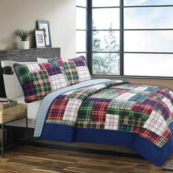 Tartan Plaid Quilt Set 3Pcs Bedding Set Bedroom Bed Reversible 100% Cotton Full/Queen Size