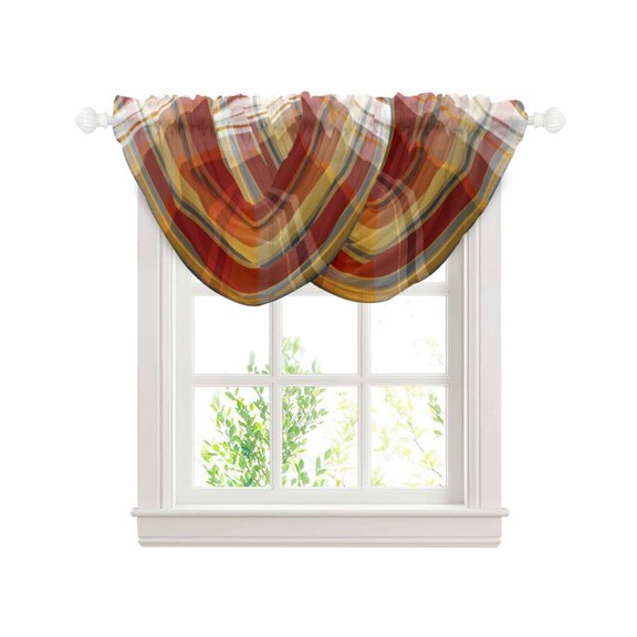 Tartan Plaid Sheer Waterfall Valance Curtains for Window, Orange Red Autumn Gingham Vintage Check Rod Pocket Sheer Topper Swag Curtains for Living Room, Kitchen 38.5"W x 47.2"L, 2 Panels
