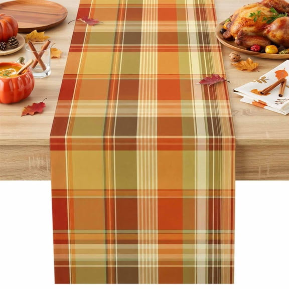 Tartan Plaid Table Runner, Fall Minimalist Vintage Orange Yellow Gingham Cotton Linen Kitchen Table Decoration Washable Dining Tabletop Runners for Home Party Decor 13x36 Inches