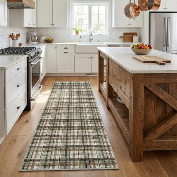 Tartan Plaid Washable Runner Rug 2x10 Entryway Rug Non Slip Kitchen Rugs Indoor Modern Soft Bath Rugs Low Pile Stain Resistant Carpet for Bedroom Hallway Laundry Living Room 2'x10' Celadon