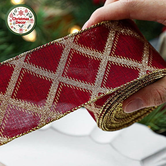 Tartan Plaid Wired Ribbon 10Yards Gold Trim Christmas Decor Gift Wrap Ribbon with Glitter Edge,Thick Fabric Linen Farmhouse Ribbons for DIY Crafts Wreaths Xmas Tree Bows Home Decor Wedding Birthday