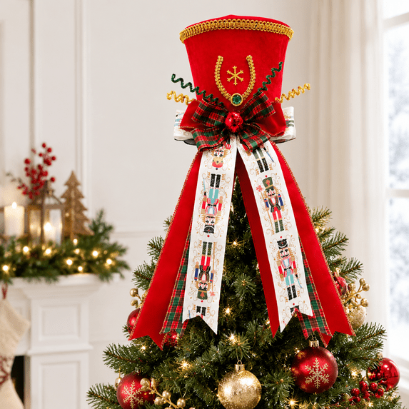 Top 9 Ribbon Tartan Plaidmas Tree Topper Hat With Nutcracker Bow 1top Decoration ...