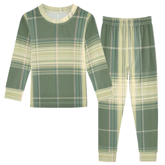 Tartan Plaids in Green and Orange Cotton Pajama Set Long Sleeve Top and Pants Sleepwear Unisex 5Y