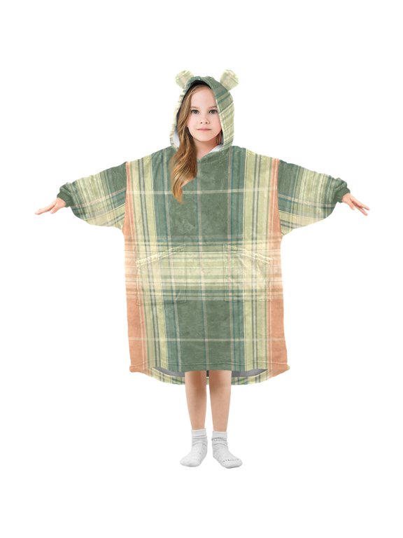 Tartan Plaids in Green and Orange Flannel Wearable Blankets Hooded Design Long Sleeves Wrap Unisex for 3T-14Y M