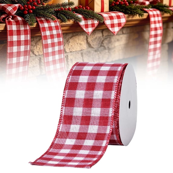 Tartan Ribbon,10 Yard Christmas Buffalo Plaid Wired Edge Ribbons,Xmas Tree Gingham Fabric Craft Wrapping Ribbon Roll,Farmhouse Style Plaid Wired Ribbon String,Durable Xmas Fabric Ribbon Ring