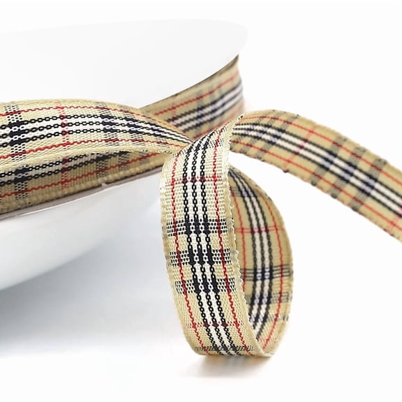 Tartan Ribbon 15mm x 45M - Khaki grid, Featuring Woven Edges, Perfect for Gift Wrapping and Festive Party Decorations