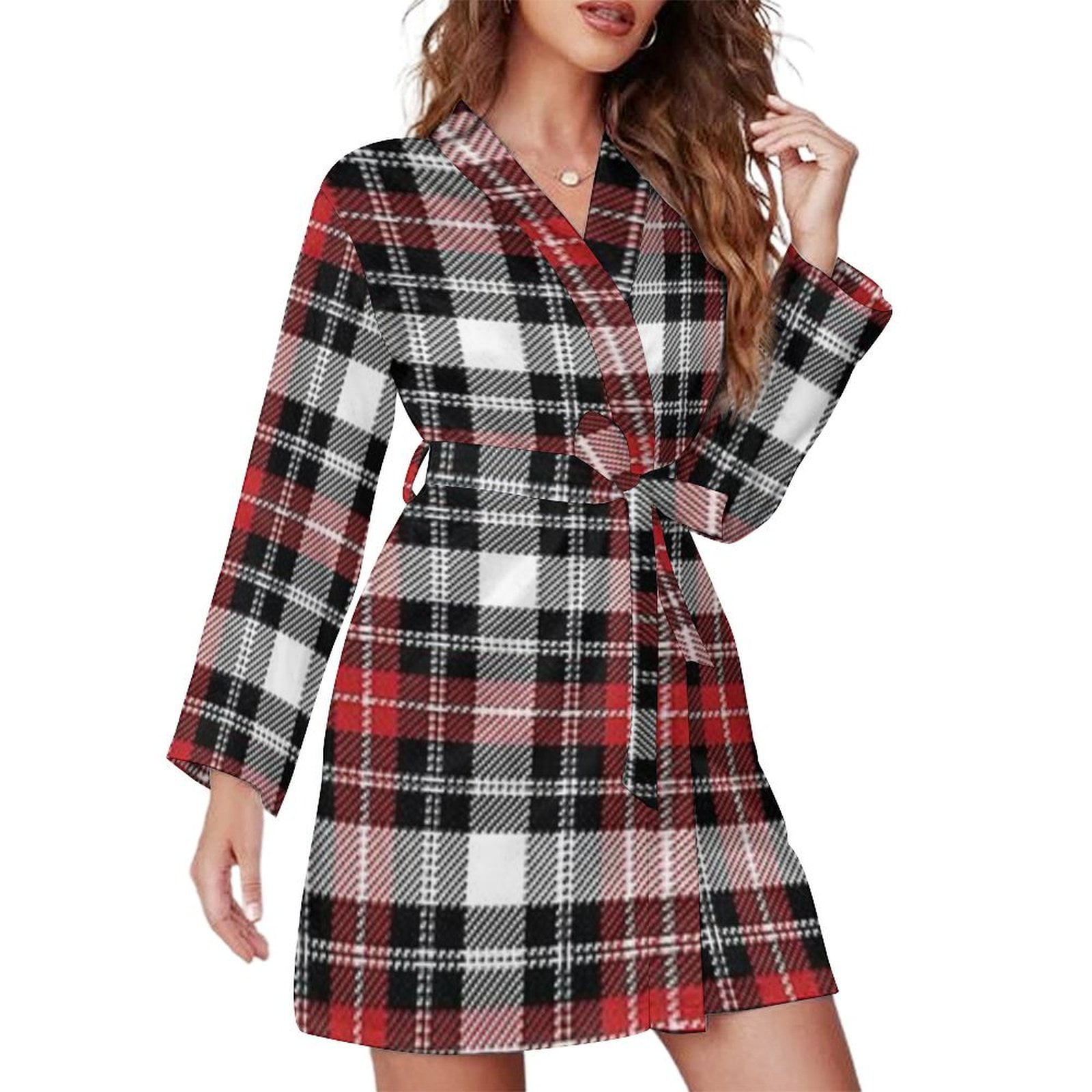Tartan Texture Classic Night Robe Long Sleeve V Neck Robe With Belt ...