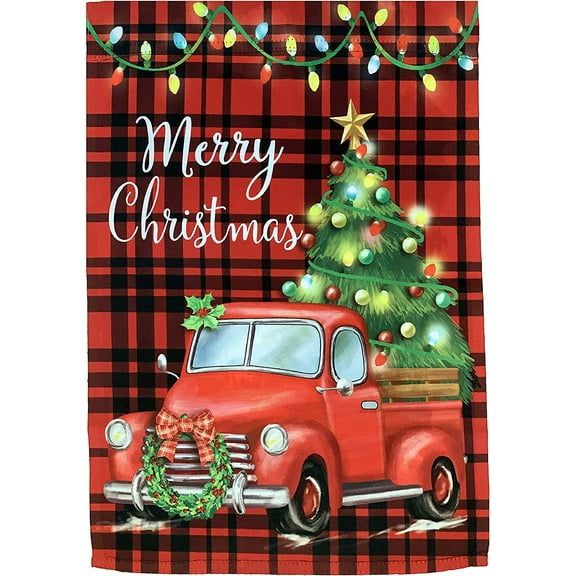 Tartan Truck Merry Christmas Garden Flag - 12" x 18", Double Sided, Red Black Plaid, Winter Garden Decor, Wreath, Home Decor, Holiday Decor, Christmas Decoration, Boxing Day, Christmas Tree Lot