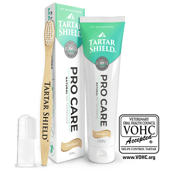 Tartar Shield® Pro Care Natural Coconut Dental Kit for Dogs & Cats, VOHC Accepted, Toothpaste with Toothbrush & Finger Brush, Clinically Proven Plaque, Tartar & Halitosis Reduction, 3 oz.