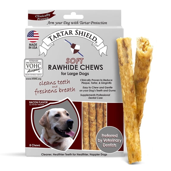 Tartar Shield® Soft Rawhide Dental Chews for Large Dogs | VOHC Accepted | Reduces Tartar, Controls Plaque & Freshens Breath | Vet Recommended | Bacon Flavor | USA Made | 8 Count