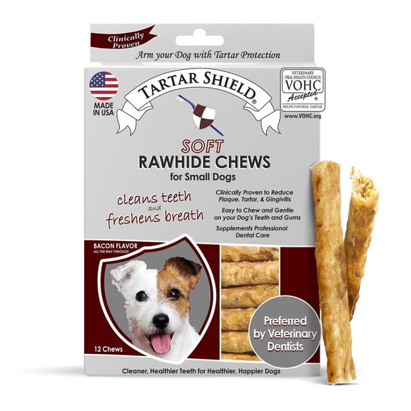 Tartar Shield® Soft Rawhide Dental Chews for Small Dogs | VOHC Accepted | Reduces Tartar, Controls Plaque & Freshens Breath | Vet Recommended | Bacon Flavor | USA Made | 12 Count
