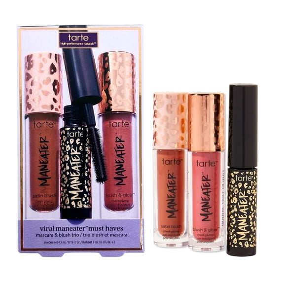Tarte Viral Maneater Must Haves, Mascara and Blush Trio, Deep Hydration & Longwear Eye Makeup Set, Hyaluronic Acid, Volu-Plump Complex, Travel Friendly -Berry & Cinnamon