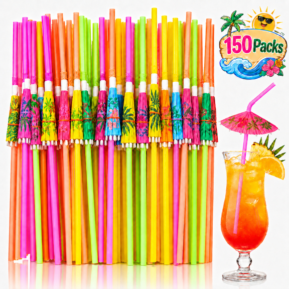 Tarvako 150pcs Umbrella Drink Straws, 9.45 Inch Cocktail Drink Accessories, Mini Paper Umbrella Drink for Cocktail, Milkshake, Juice, Hawaiian Luau Party Decorations(Assorted Colors)