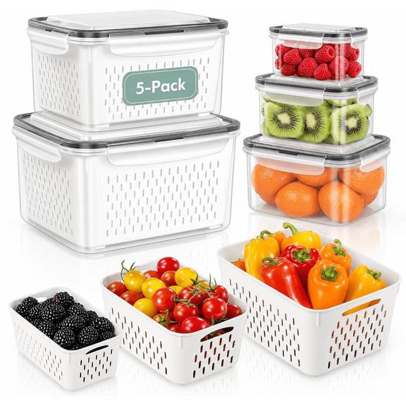 Tarvako 5 Pack Fruit Storage Containers for Fridge, Leakproof Food Storage Containers with Removable Colander, Fridge Organizer Bins, Airtight Storage Container for Berry Vegetable Salad Lettuce Meat